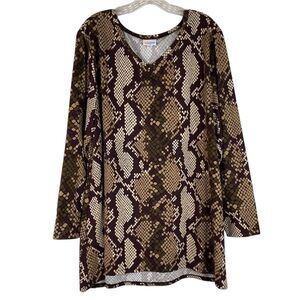 LulaRoe Elizabeth Tunic Women’s 2X Brown Tan Snake Reptile V Neck Long Sleeve